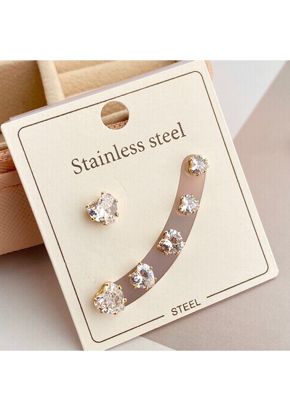 Tektaş Küpe Kalp Model Tektaş Üçlü Set Küpe Kararmaz Çelik modelleri