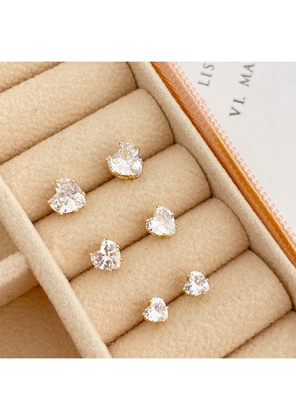 Tektaş Küpe Kalp Model Tektaş Üçlü Set Küpe Kararmaz Çelik