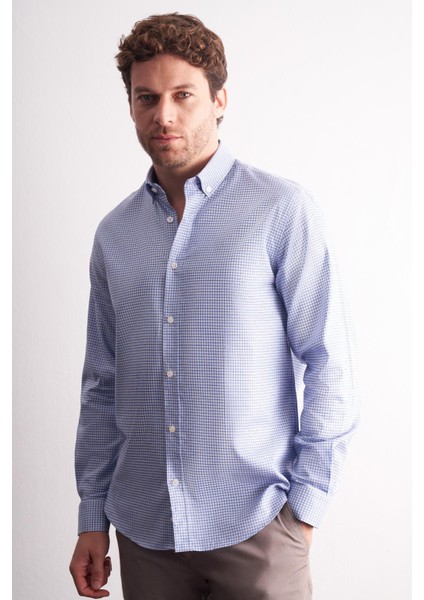 Beyaz - Mavi Düğmeli Yaka Kareli Desen Uzun Kol Premium Slim Fit %100 Pamuk Gömlek 1004255186 fiyatları