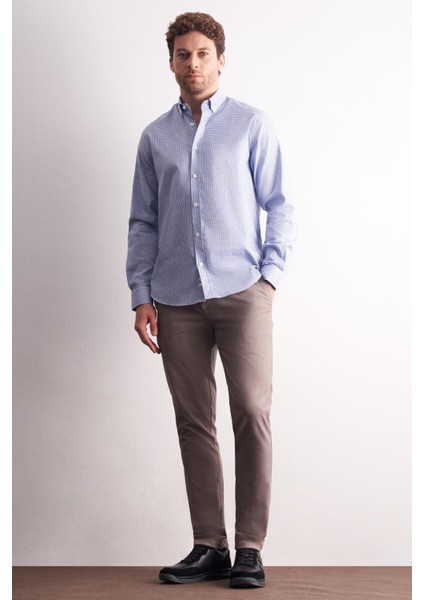 Beyaz - Mavi Düğmeli Yaka Kareli Desen Uzun Kol Premium Slim Fit %100 Pamuk Gömlek 1004255186 modelleri