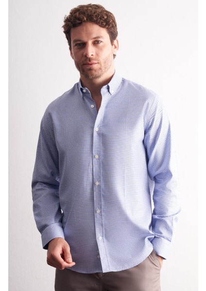 Beyaz - Mavi Düğmeli Yaka Kareli Desen Uzun Kol Premium Slim Fit %100 Pamuk Gömlek 1004255186 fırsatları