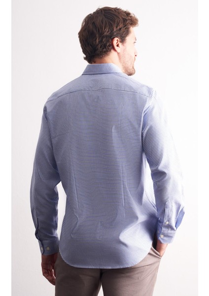 Beyaz - Mavi Düğmeli Yaka Kareli Desen Uzun Kol Premium Slim Fit %100 Pamuk Gömlek 1004255186 indirimleri