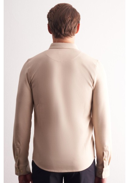 Bej Uzun Kol Düğmeli Yaka Kendinden Desenli Pamuklu Slim Fit Gömlek 1004255267 indirimleri