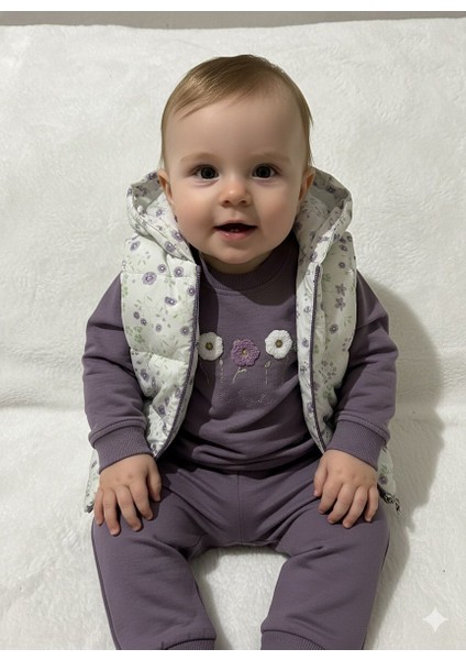 %100 Pamuk Uzun Kollu Sweatshirt+ Lastikli Eşofman Altı+ Kapüşonlu Yelek Kız Bebek Takımı