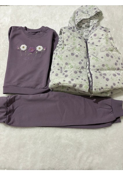 %100 Pamuk Uzun Kollu Sweatshirt+ Lastikli Eşofman Altı+ Kapüşonlu Yelek Kız Bebek Takımı fiyatları