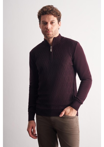 Mürdüm Dik Yaka Uzun Kol Cepsiz Slim Fit Casual Pamuklu Triko Kazak 1012255108