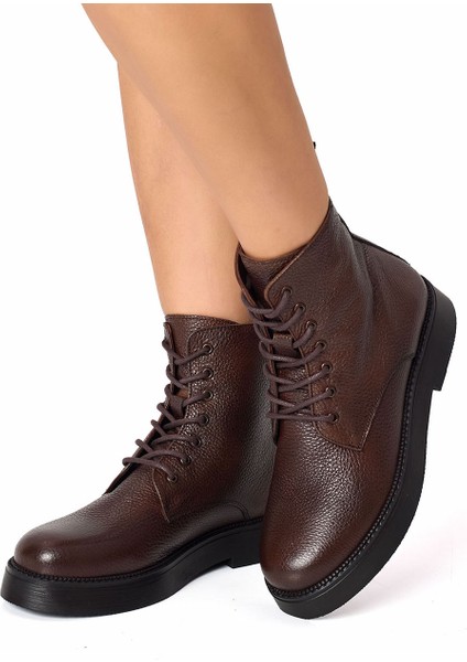 Kahverengi Bağcıklı Hakiki Deri Kadın Bot