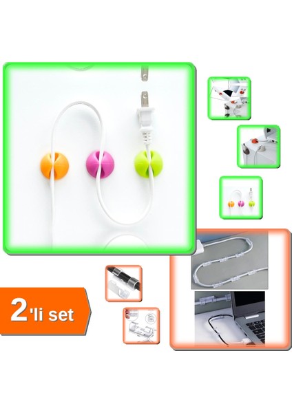 6 Adet Kablo Sabitleyici Aparat + 20 Adet Yapışkanlı Kablo Klipsleri - 2li Set G6N8H2