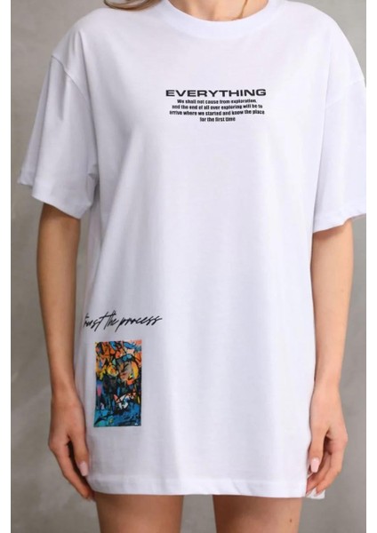 Unisex Bisiklet Yaka Baskılı Oversize T-Shirt - Beyaz fiyatları