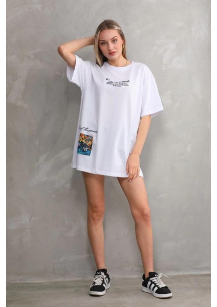 Unisex Bisiklet Yaka Baskılı Oversize T-Shirt - Beyaz