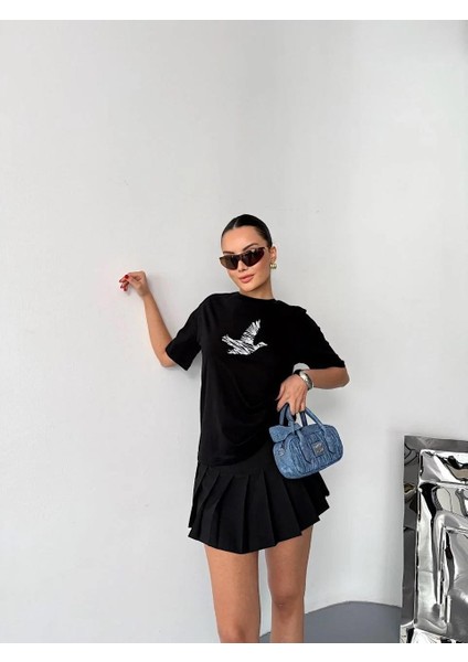 Kısa Kol Baskılı T-Shirt - Siyah modelleri