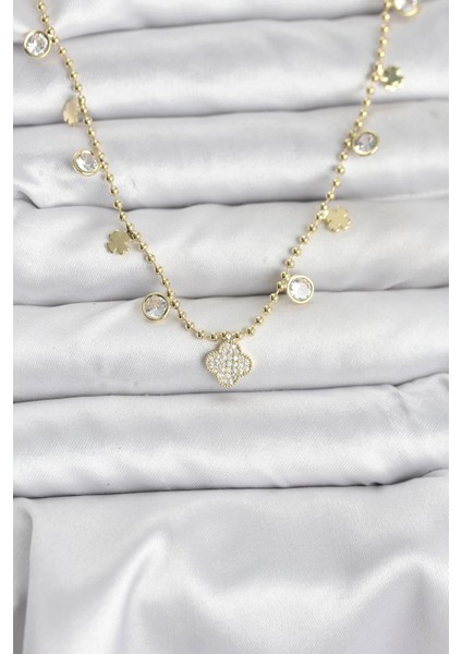 Pirinç Gold Renk Yonca Model Kadın Kolye