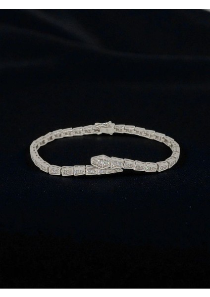 Lüks Tasarım Gümüş Yılan Bileklik (Tamamı Zirkon Taşlı)