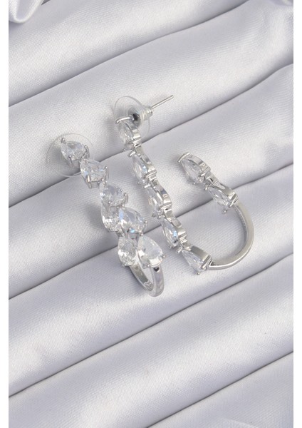 Pirinç Gümüş Renk Damla Zirkon Taş Tasarımlı Küpe - TJ-BKP9197 fiyatları