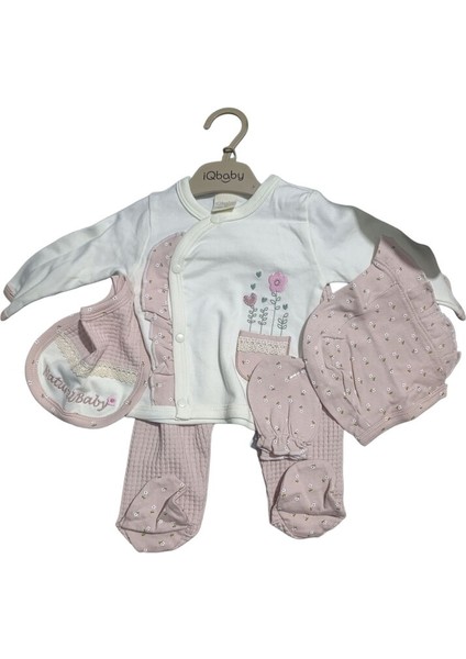 1021 Kız Bebek Kalpli 5'li Hastane Çıkışı ve Zıbın Set