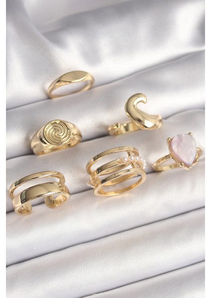 Pirinç Gold Renk Pembe Damla Mineli Sarmal Işleme Detaylı 6 Lı Kadın Yüzük Seti
