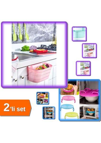 Dolap Kapağı Organizeri - Tezgah Çöp Kutusu + Mikrodalga Kapağı - Mutfak Ürünleri - 2li Set W9D3L1