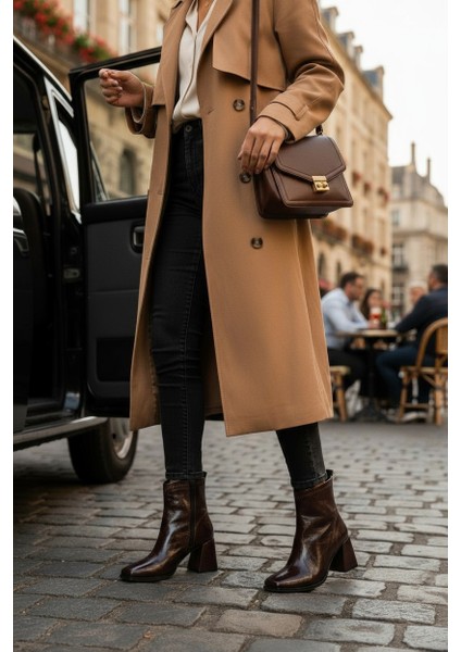 Yanki Kahve Rugan Fermuarlı Kare Burun Kadın Çizme fırsatları