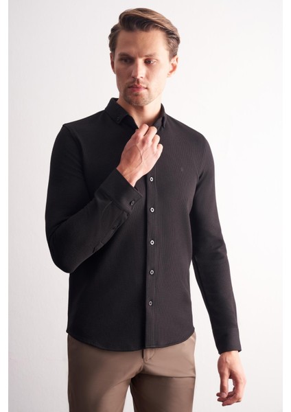 Siyah Uzun Kol Düğmeli Yaka Kendinden Desenli Pamuklu Slim Fit Gömlek 1004255267 modelleri