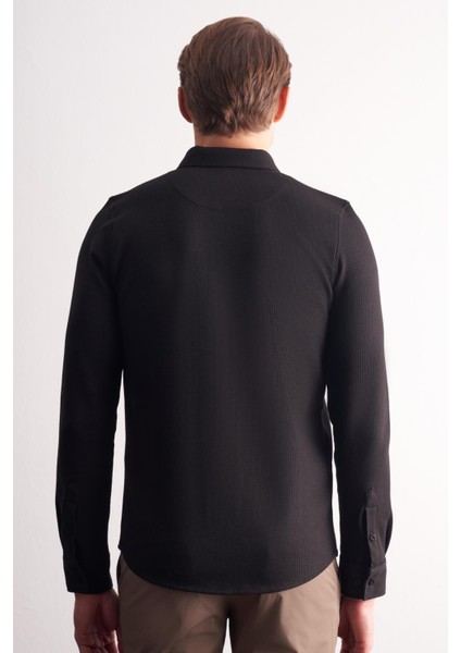 Siyah Uzun Kol Düğmeli Yaka Kendinden Desenli Pamuklu Slim Fit Gömlek 1004255267 indirimleri