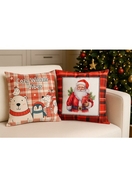 Çift Tarafı Baskılı Candy Christmas Desenli 2'li Set Kadife Kırlent Kılıfı Yılbaşı - Noel