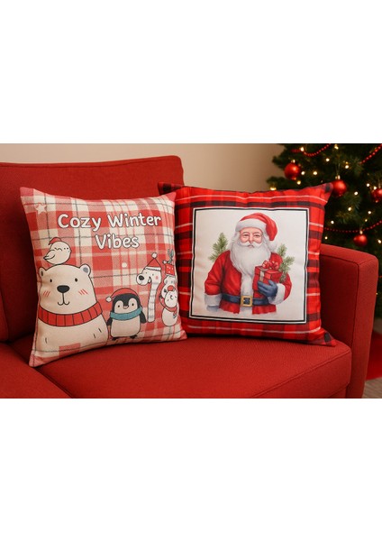 Çift Tarafı Baskılı Candy Christmas Desenli 2'li Set Kadife Kırlent Kılıfı Yılbaşı - Noel modelleri