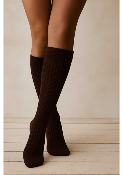 Kadın Örgü Desenli Kışlık 200 Den Knıt Kestane Dizaltı Çorap
