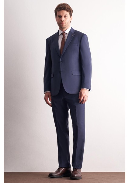 Lacivert Mono Yaka Kendinden Desenli Esnek Bel 4 Drop Comfort Fit Takım Elbise 1001255169