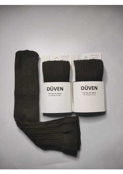 2'li Paket Yumuşacık Dokusu Klasik Örgü Deseniyle Kalın Kışlık Haki Rengi Dizaltı Çorap modelleri