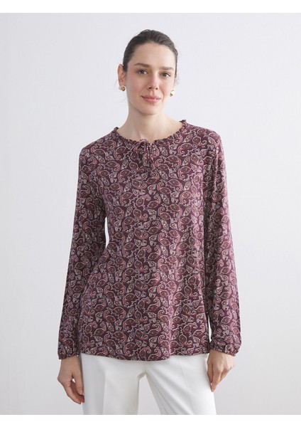 Yeni Sezon Bağlamalı Yaka Desenli Bluz