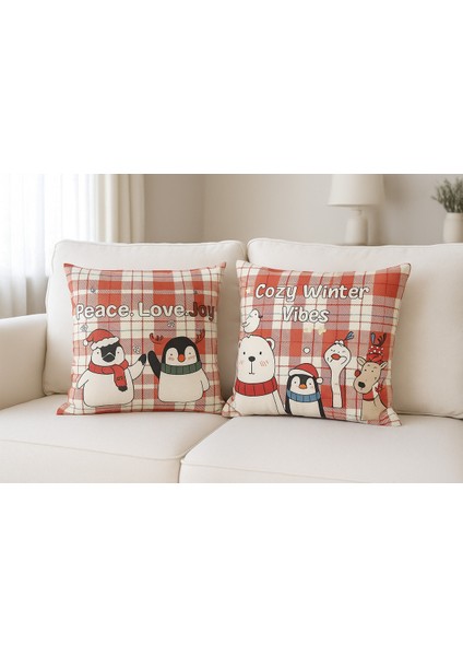 Yılbaşı Temalı 2'i Kadife Kırlent Kılıfı 43X43 cm Nakış Görünümlü Set Dijital Baskılı