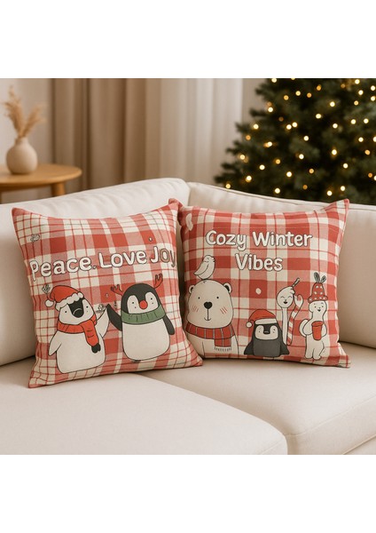 Yılbaşı Temalı 2'i Kadife Kırlent Kılıfı 43X43 cm Nakış Görünümlü Set Dijital Baskılı modelleri