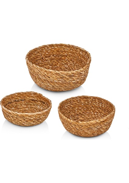 3'lü El Yapımı Hasır Yuvarlak Dekoratif Çerezlik Meyvelik, Dekoratif Amaçlı Mini Hasır Sepetler (16CM*7CM-14CM*6CM-12CM*5CM)