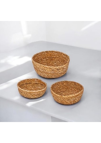 3'lü El Yapımı Hasır Yuvarlak Dekoratif Çerezlik Meyvelik, Dekoratif Amaçlı Mini Hasır Sepetler (16CM*7CM-14CM*6CM-12CM*5CM) fiyatları
