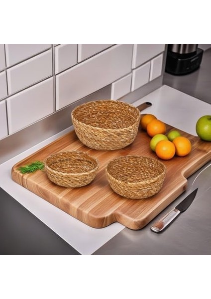 3'lü El Yapımı Hasır Yuvarlak Dekoratif Çerezlik Meyvelik, Dekoratif Amaçlı Mini Hasır Sepetler (16CM*7CM-14CM*6CM-12CM*5CM) modelleri