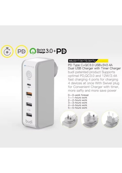 30 Watt PD18W Zaman Ayarlı USB Çıkışlı Priz 180 Derece Döndürülebilir Fiş Qc3.0 2.4A USB Çıkışlı M8J301TE fiyatları