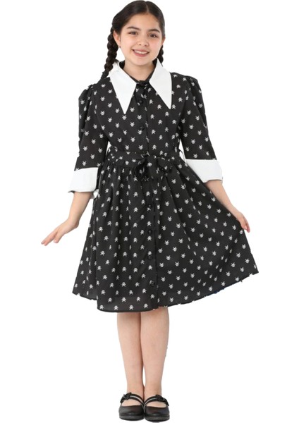 Kız Çocuk Elbise Yaka ve Manşet Detaylı Boydan Düğmeli ve Kuşaklı 7-12 Yaş 12420