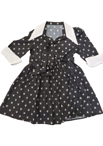 Kız Çocuk Elbise Yaka ve Manşet Detaylı Boydan Düğmeli ve Kuşaklı 7-12 Yaş 12420 fiyatları