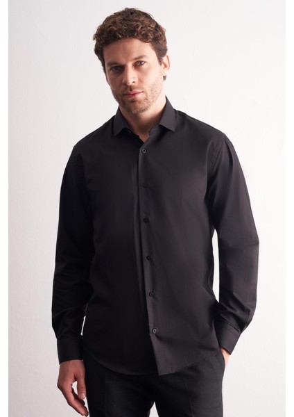 Siyah Yarım Italyan Yaka Uzun Kol Premium Slim Fit %100 Pamuk Gömlek 1004255196