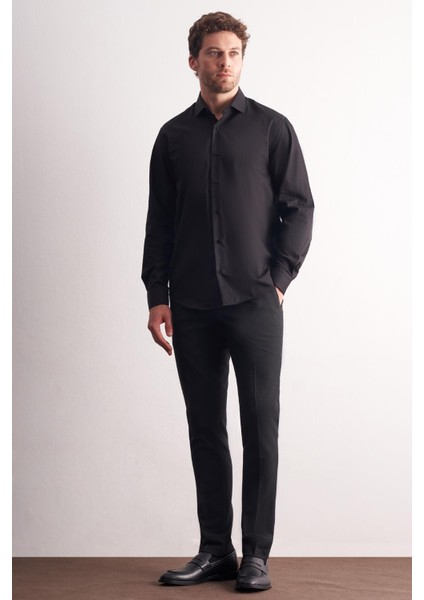 Siyah Yarım Italyan Yaka Uzun Kol Premium Slim Fit %100 Pamuk Gömlek 1004255196 fiyatları