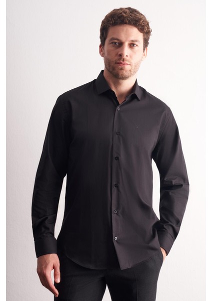 Siyah Yarım Italyan Yaka Uzun Kol Premium Slim Fit %100 Pamuk Gömlek 1004255196 modelleri