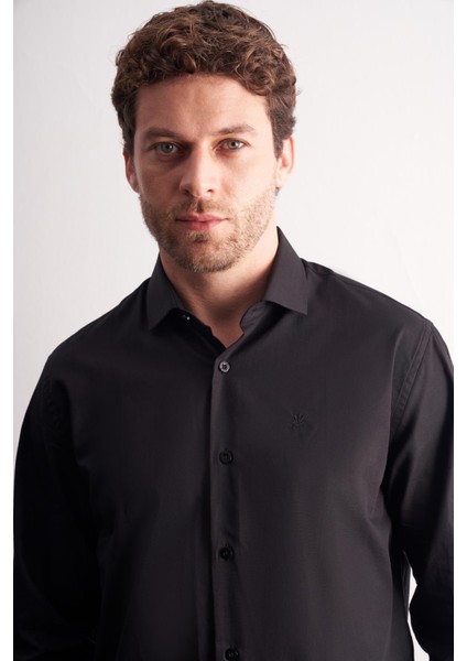 Siyah Yarım Italyan Yaka Uzun Kol Premium Slim Fit %100 Pamuk Gömlek 1004255196 fırsatları