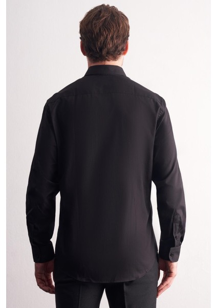 Siyah Yarım Italyan Yaka Uzun Kol Premium Slim Fit %100 Pamuk Gömlek 1004255196 indirimleri