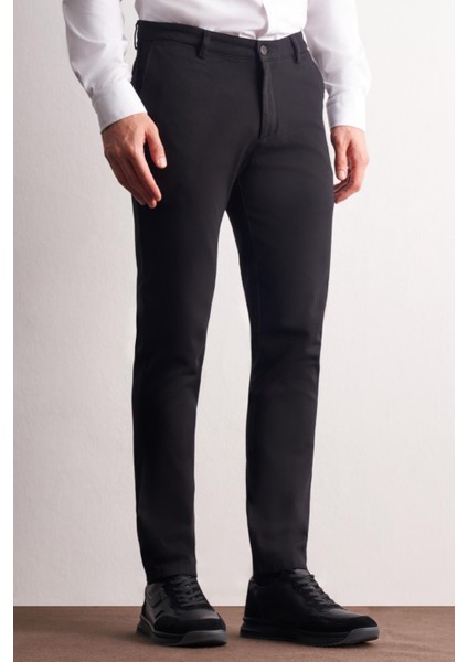 Siyah Yan Cep Düz Paça Pamuklu Slim Fit Chino Casual Pantolon 1003255161