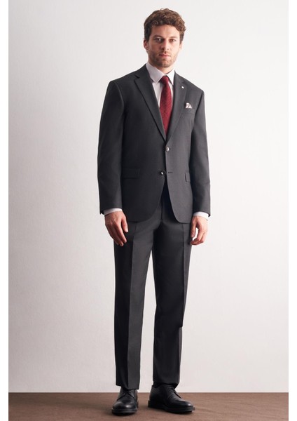 Antrasit Mono Yaka Kendinden Çizgili Desen Esnek 4 Drop Comfort Fit Classic Takım Elbise 1001255159