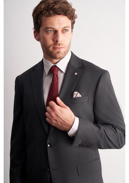 Antrasit Mono Yaka Kendinden Çizgili Desen Esnek 4 Drop Comfort Fit Classic Takım Elbise 1001255159 fırsatları