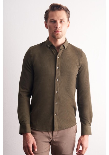 Haki Uzun Kol Düğmeli Yaka Kendinden Desenli Pamuklu Slim Fit Gömlek 1004255267 modelleri