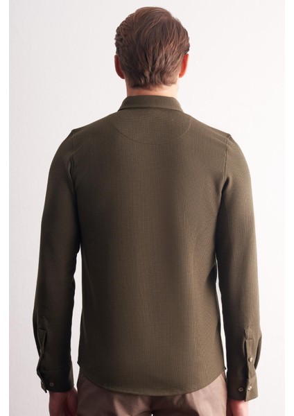 Haki Uzun Kol Düğmeli Yaka Kendinden Desenli Pamuklu Slim Fit Gömlek 1004255267 indirimleri