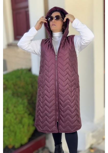 Kapüşonlu Cepli Astarlı Ara Boy Papitone Büyük Beden Şişme Yelek