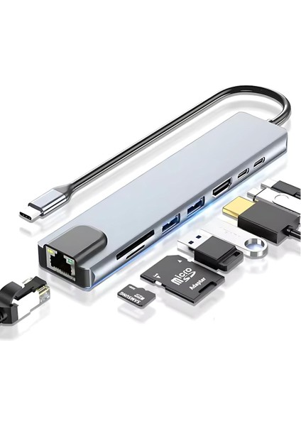 Pro Air Uyumlutype-C Port Çoklayıcı Hub Dönüştürücü Çevirici Ekstra Usb, Type-C, Hdmı, Micro Sd, 8in1